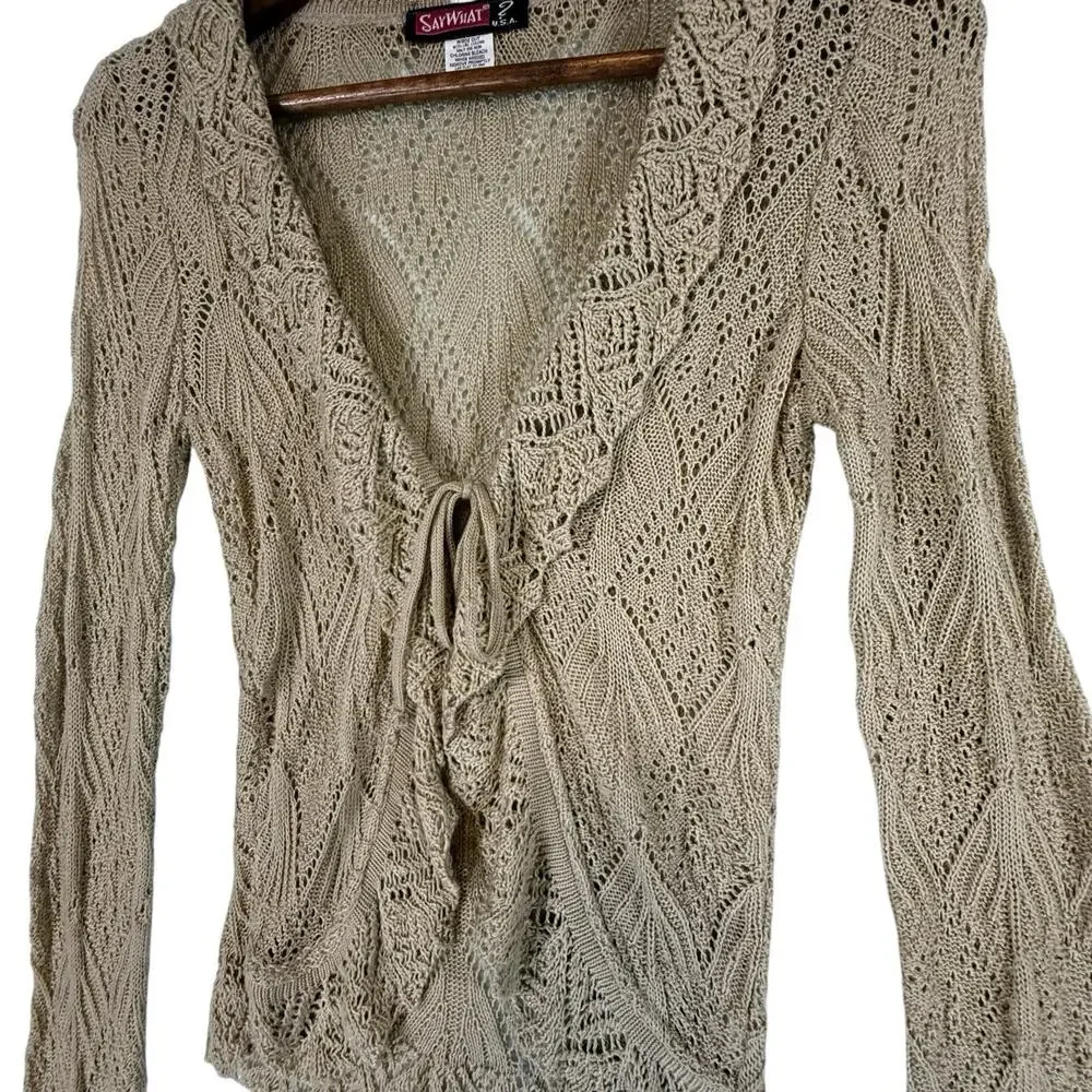 VTG Y2k Crochet Open Knit Tie Front Cardigan Wrapper SIZE MEDIUM Tan USA Ruffle - Picture 8 of 12